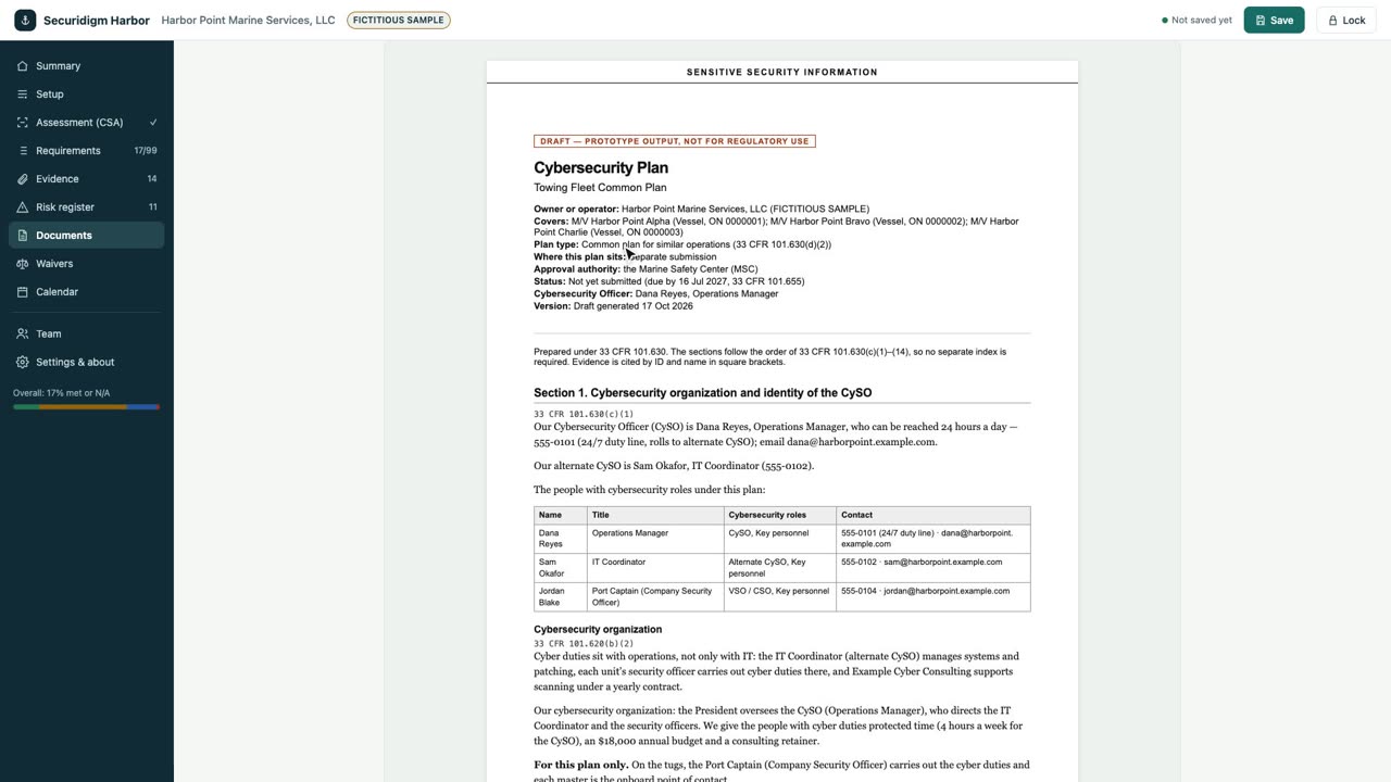 Securidigm Harbor walkthrough video: the drafted Cybersecurity Plan, with a fictitious sample company