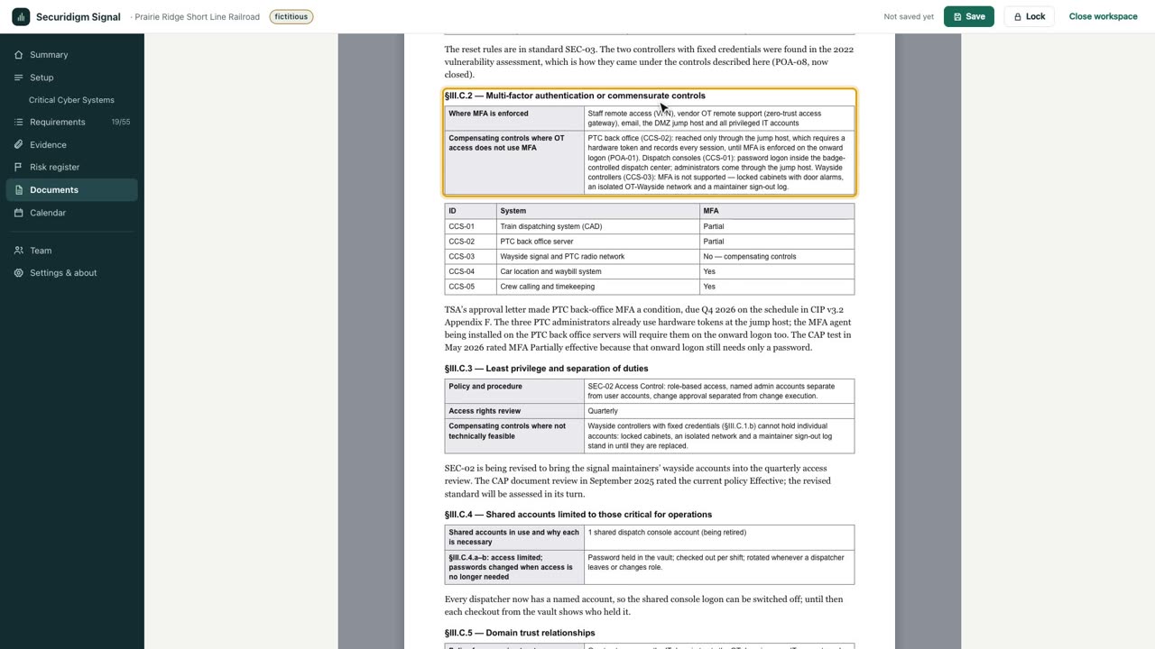 Securidigm Signal walkthrough video: the drafted Cybersecurity Implementation Plan, with a fictitious railroad